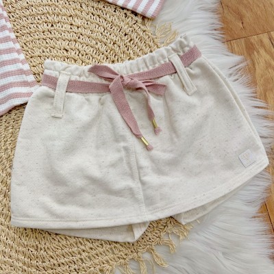 Conj. Blusa Manga Longa Listrada Corações de Pelinho e Short Saia - Rose e Areia
